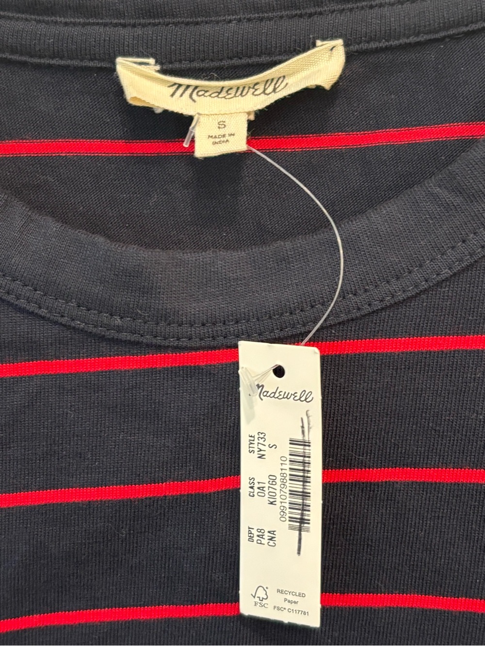 Madewell 100% Cotton Black Tee with Red Stripes Woman Size S - Picture 4 of 6
